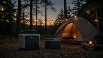 Portable power station and cooler at a campsite at dusk