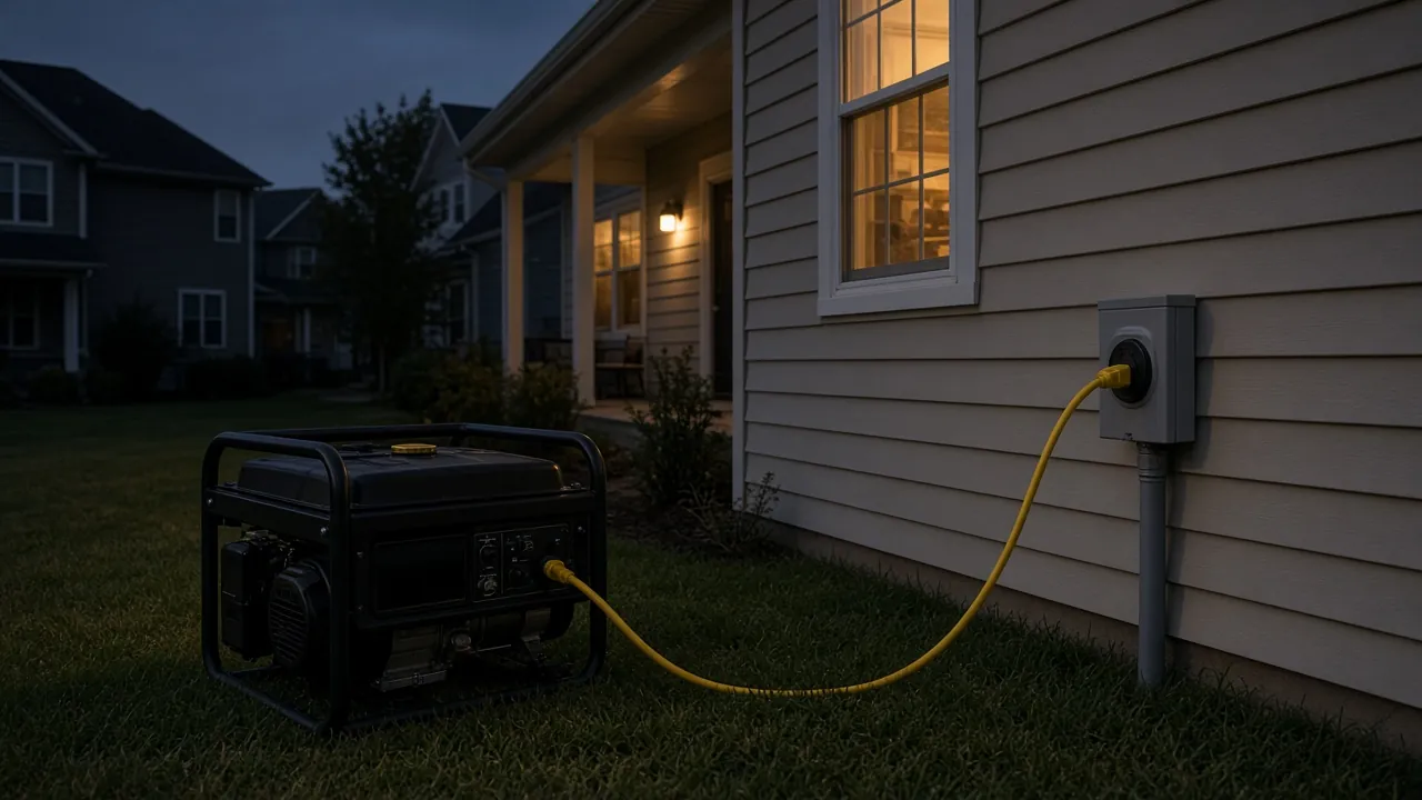 Portable generator plugged into a 30 amp outdoor power inlet on a house during an outage
