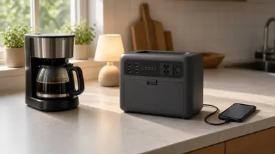 Portable power station on a kitchen counter charging a phone next to a coffee maker