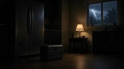 Dark kitchen during a storm outage with a portable power station running